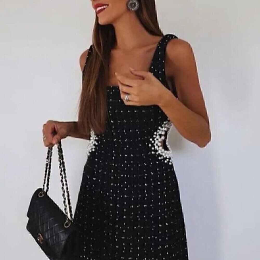 Black Texture Tweed Weave Cutout Mini Dress With Faux Pearls L - Picture 3 of 16